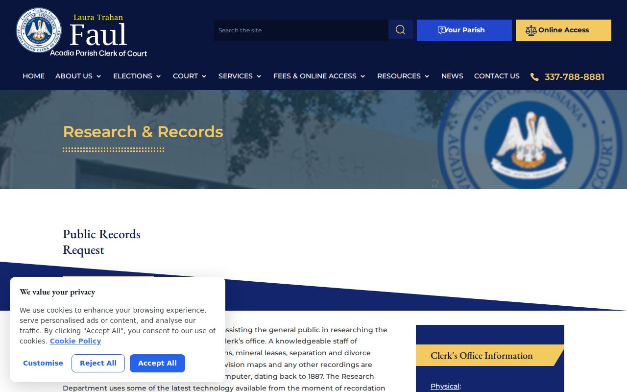 Acadia Parish Clerk records and research page with the public records request download for warrant records