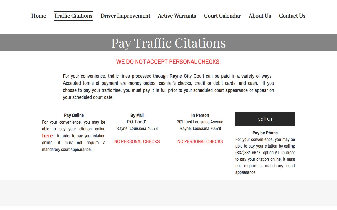 Rayne City Court traffic payment options for Acadia Parish traffic warrants