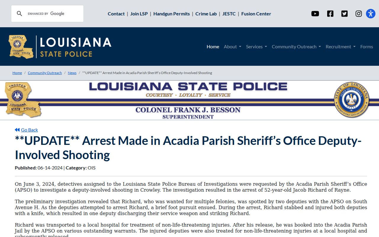 State police release describing Acadia Parish arrest warrant service